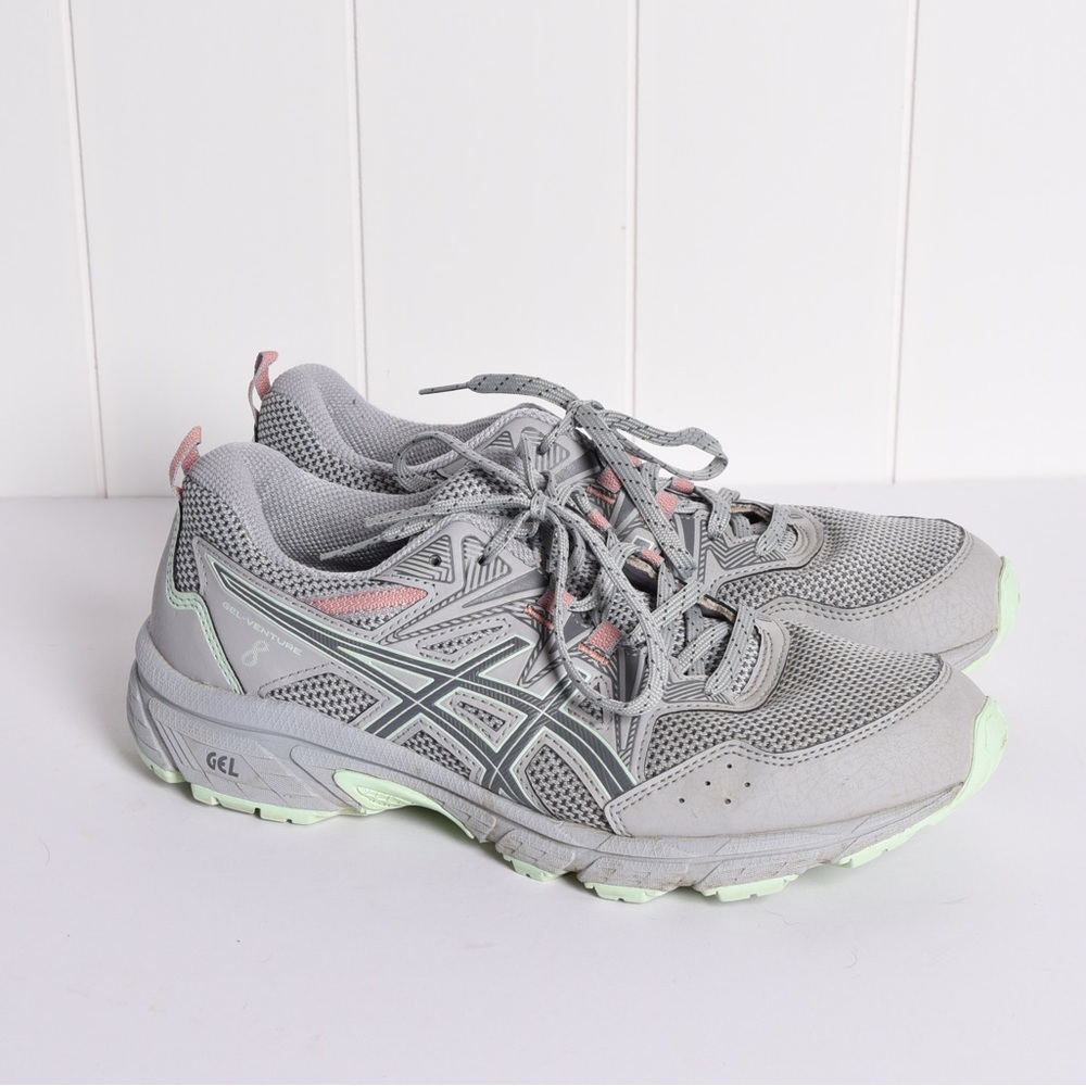ASICS Women's‎ GEL VENTURE 8 running shoes; gray, green, and pink; size 8.5 WIDE